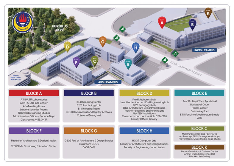 Title: TED University campus map - Description: English campus map showing the locations of Blocks A, B, C, D, E, F, G, H, and K.